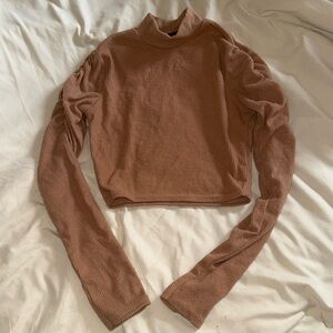 Brown Ribbed Long Sleeve Crop Top